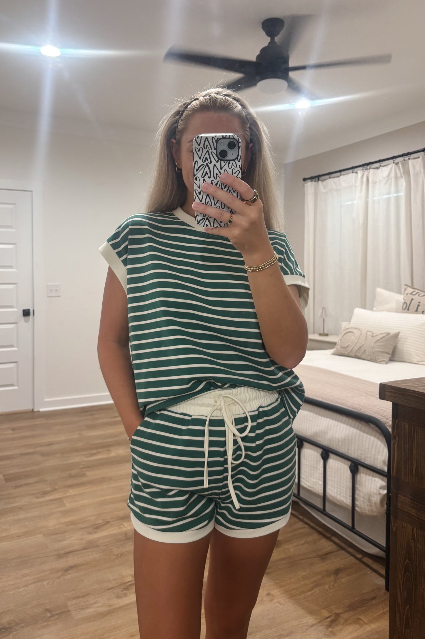 Green Stripe Terry Short Set