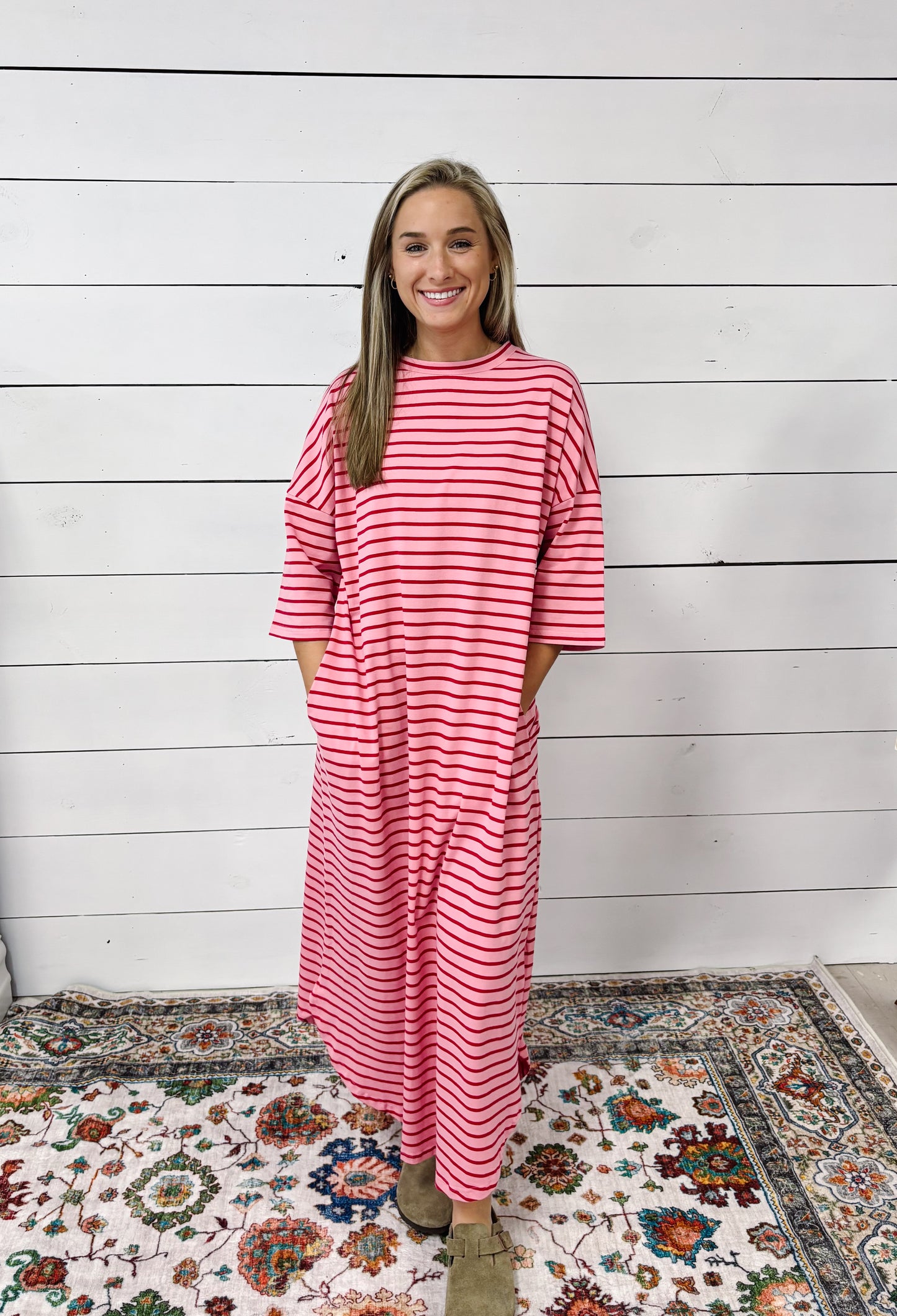 Strawberry Pink Striped 3/4 Sleeve Round Hem Shift T Shirt Dress