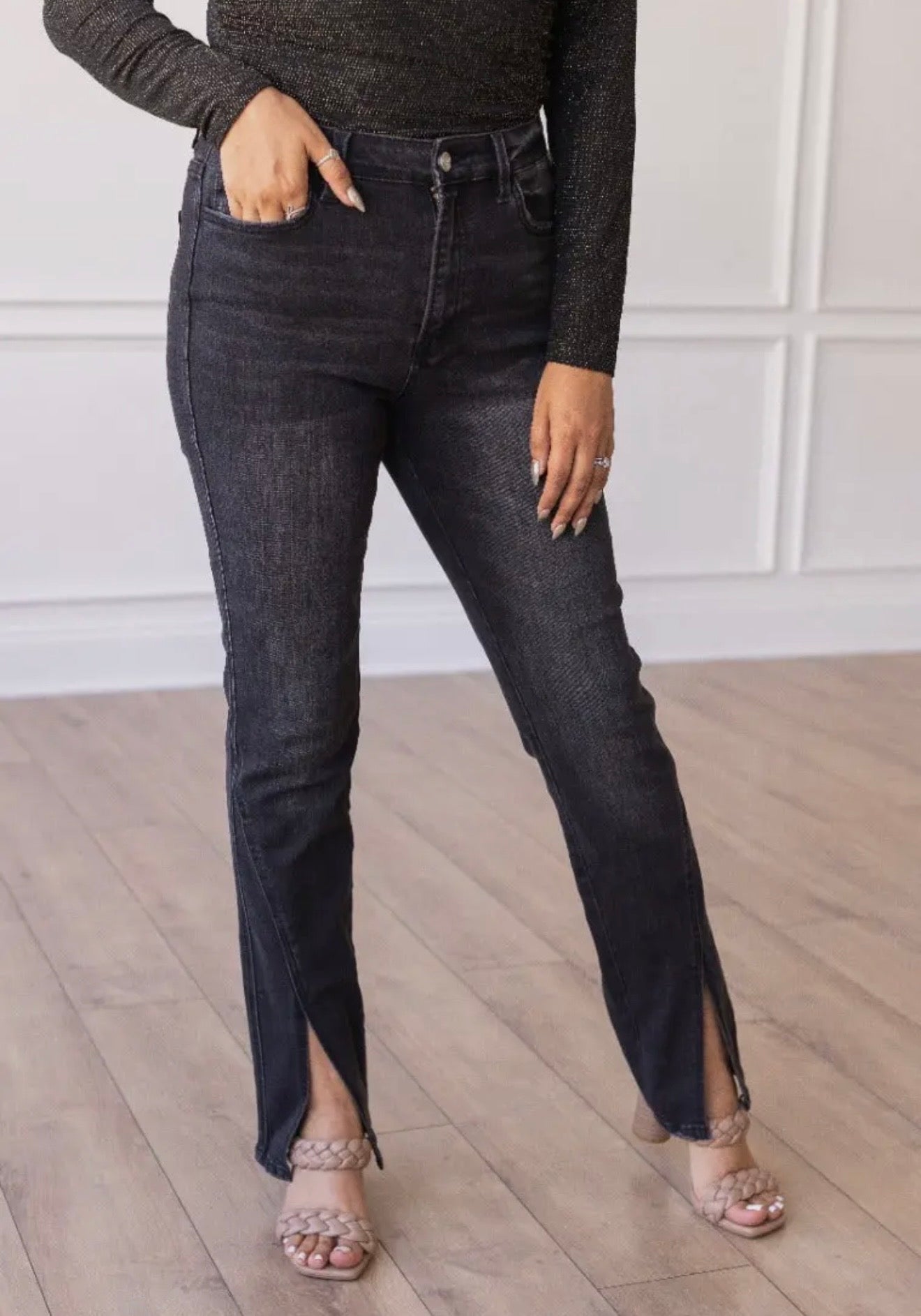 SS Black Split Hem Skinny Jeans