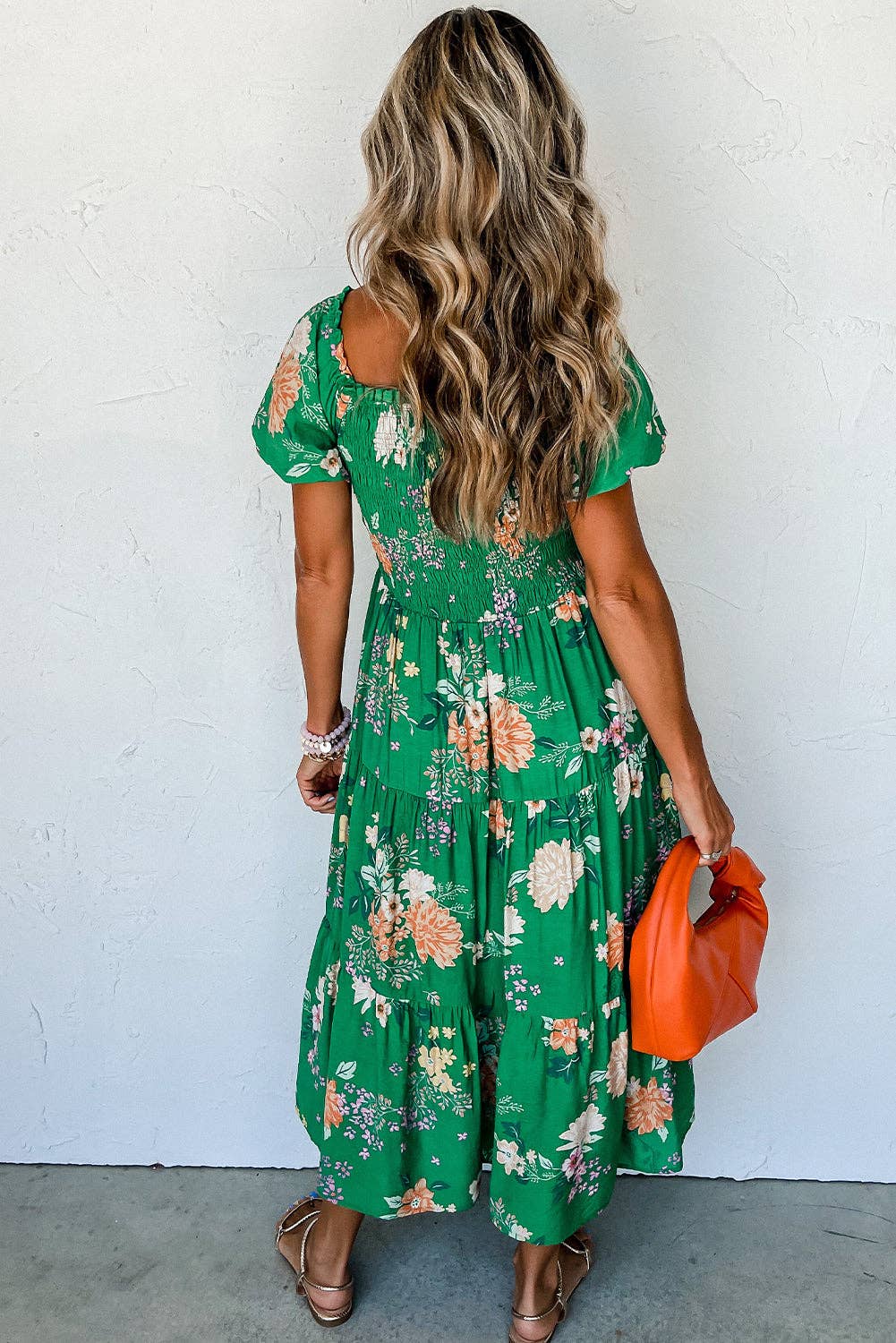 Emerald Moment Bubble Sleeve Smocked Tiered Midi Dress