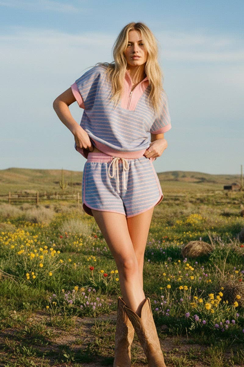 Half Zip Striped Top & Shorts Set