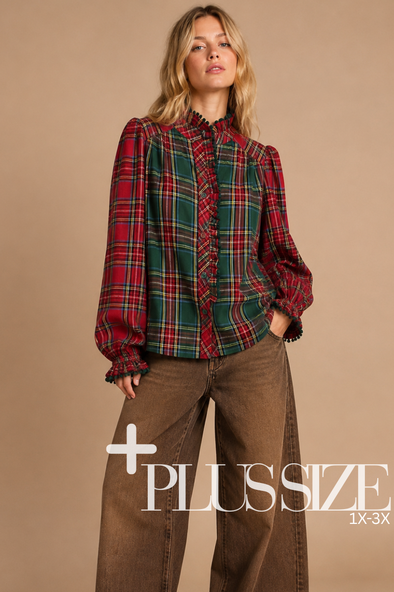 Mixed-Tartan Plaid Blouse