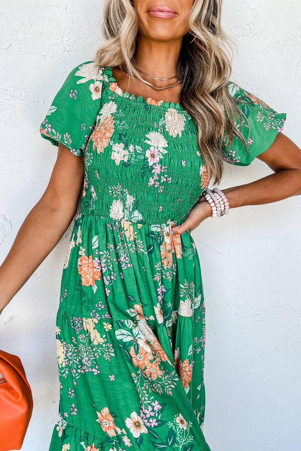 Emerald Moment Bubble Sleeve Smocked Tiered Midi Dress