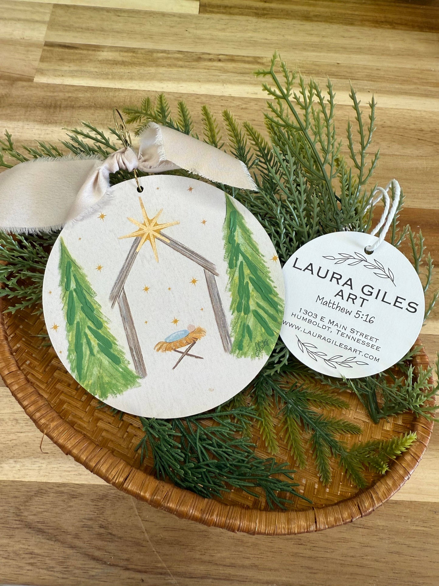 Hand Embellished Jesus with Trees Wood Ornament