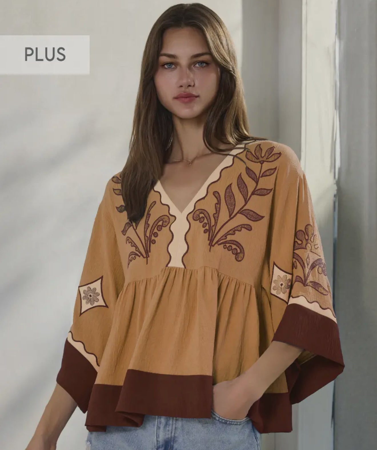 SS Embroidered Plunge V Neck Top