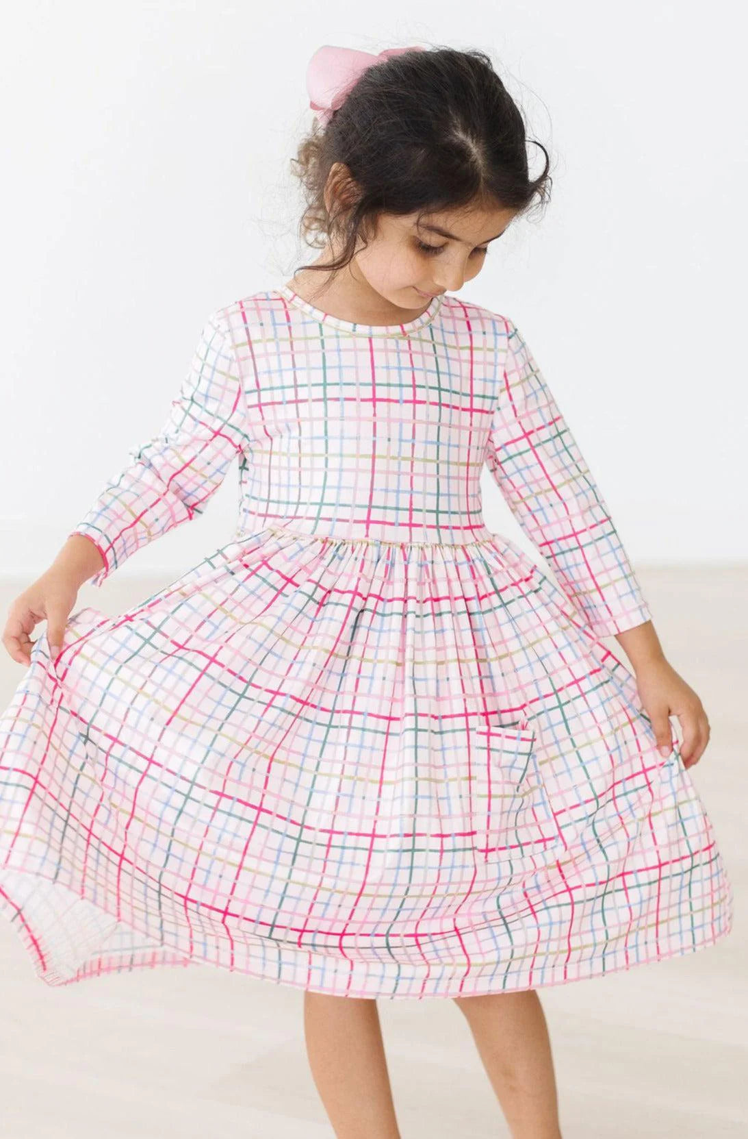 MR Pink Plaid 3/4 Sleeve Pocket Twirl Dress