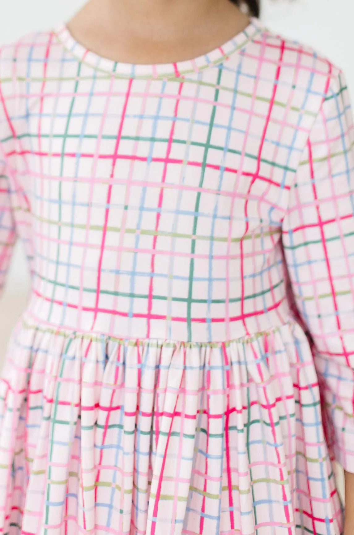 MR Pink Plaid 3/4 Sleeve Pocket Twirl Dress
