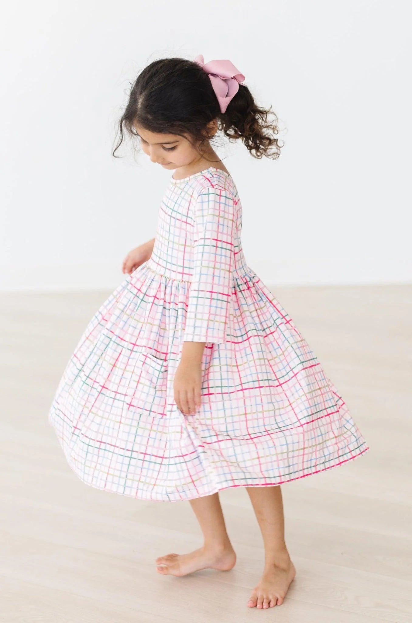 MR Pink Plaid 3/4 Sleeve Pocket Twirl Dress