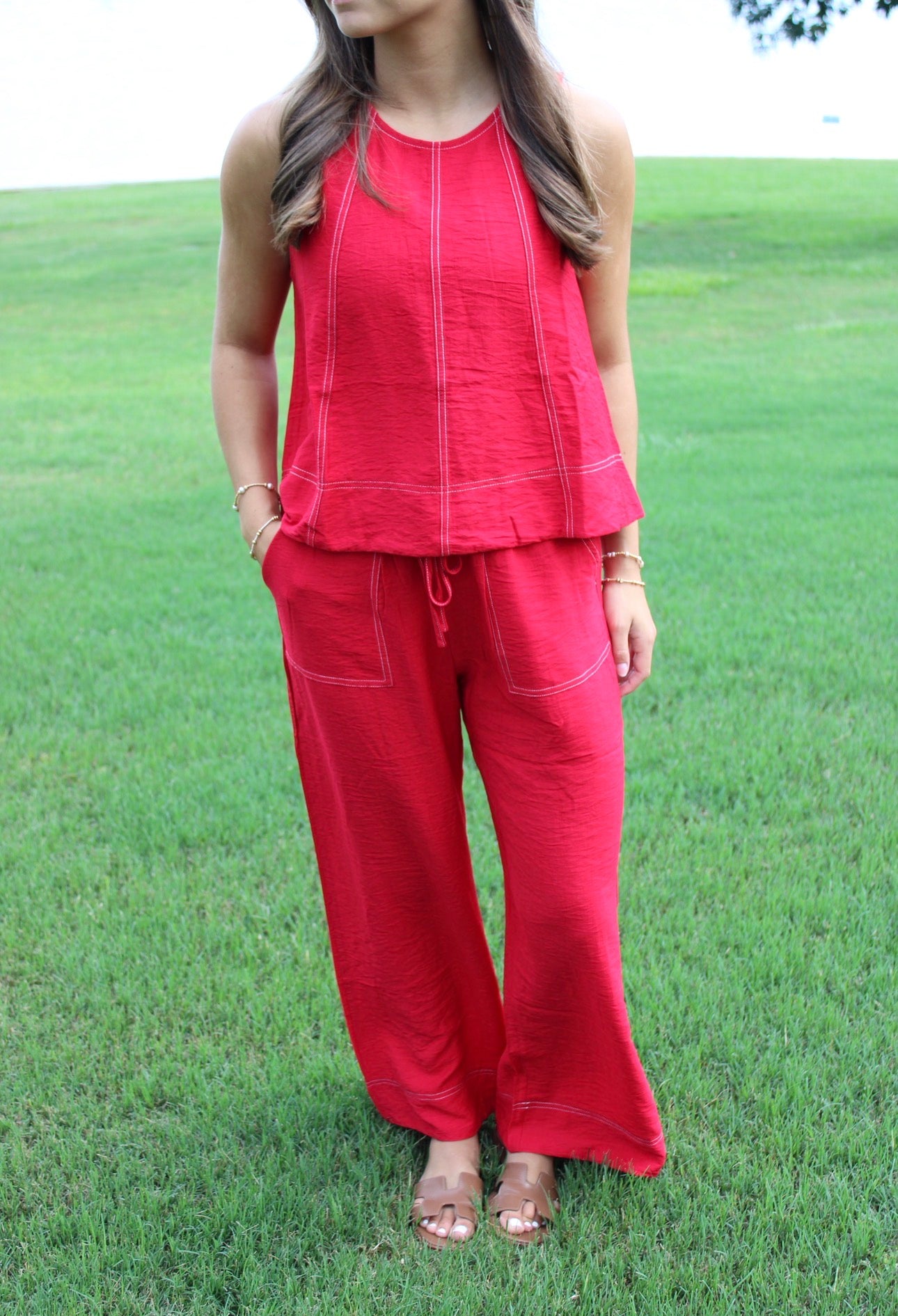Red Contrast Stitch Pants Set