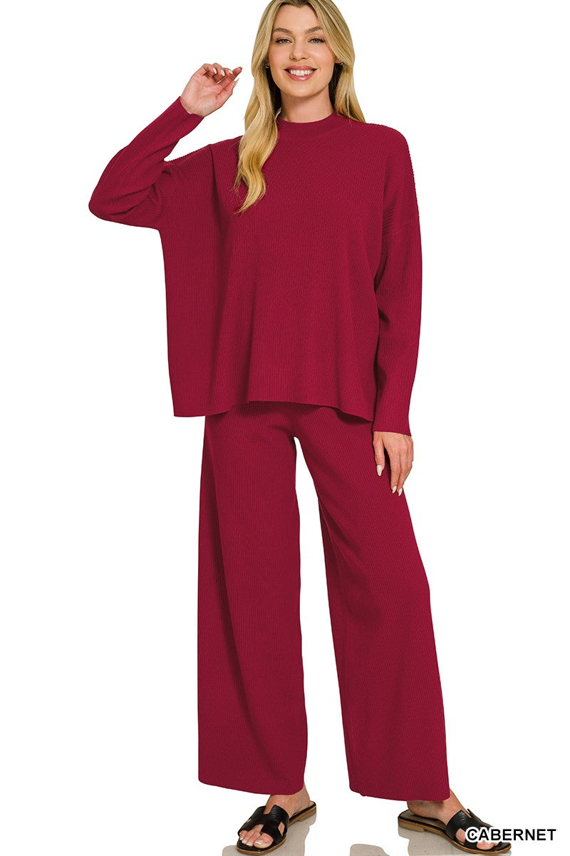 Burgundy Brushed Stretch Boxy Top & Wide Pant Set