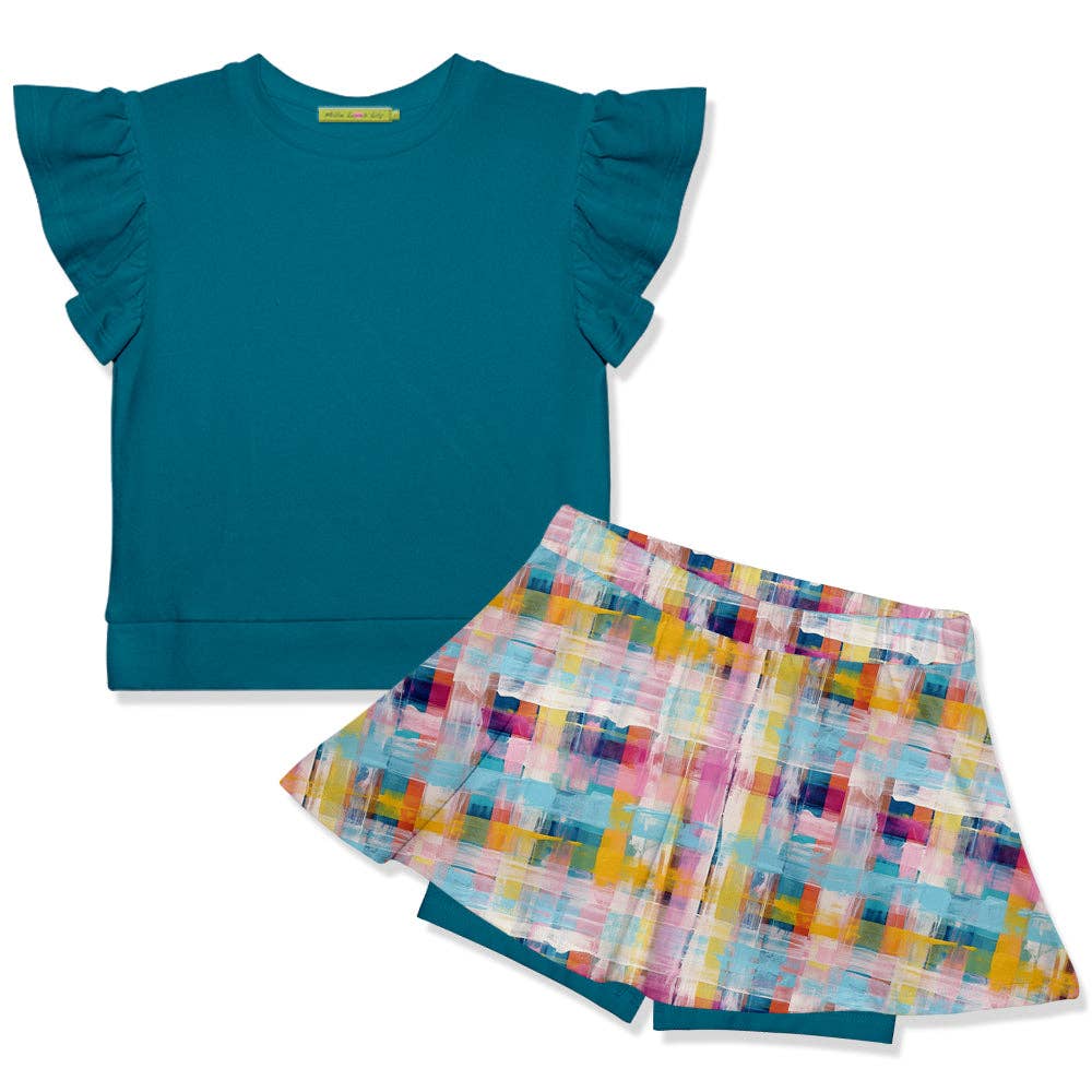 Kids Teal Fr Terry Top & Firefly Plaid Skort