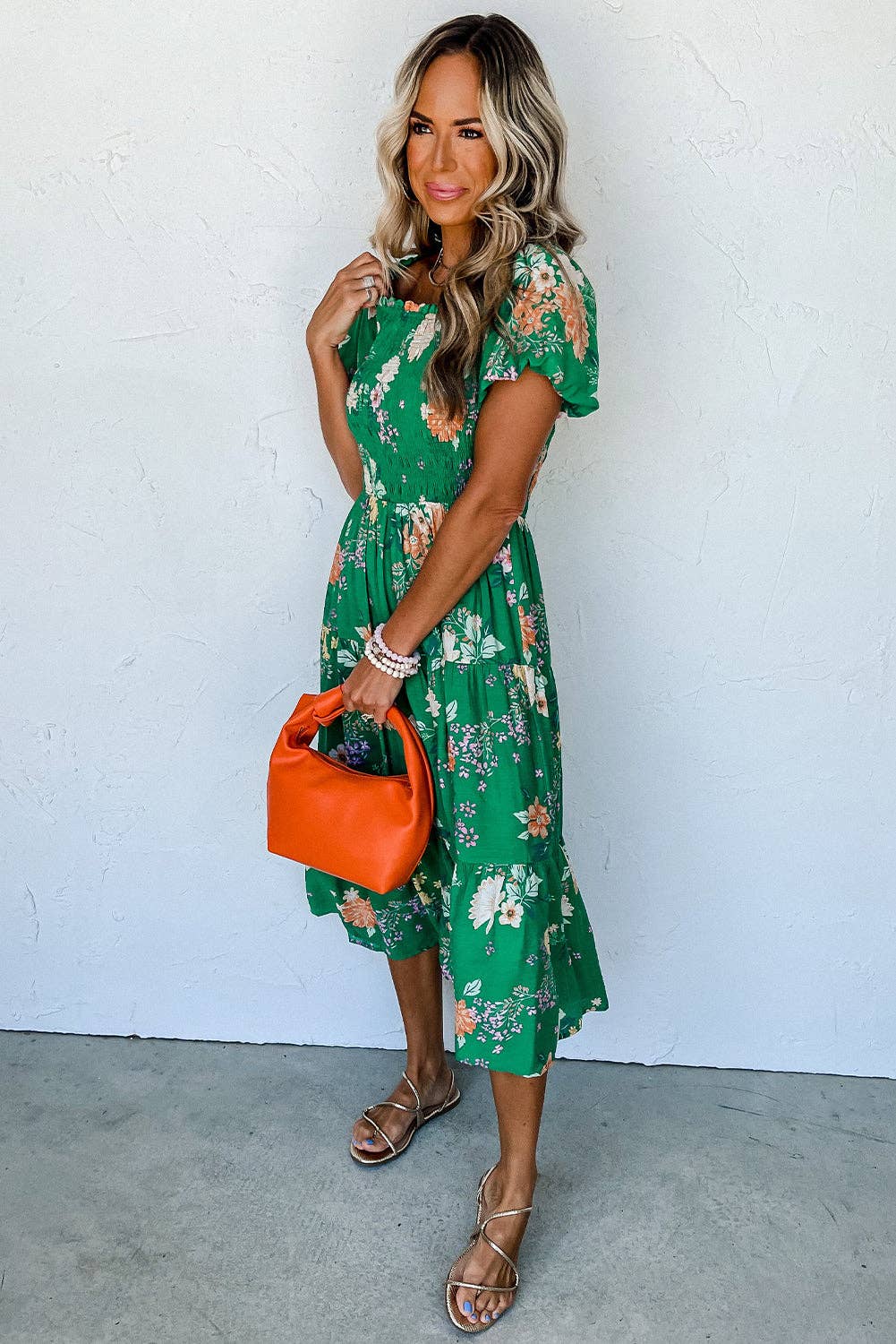 Emerald Moment Bubble Sleeve Smocked Tiered Midi Dress