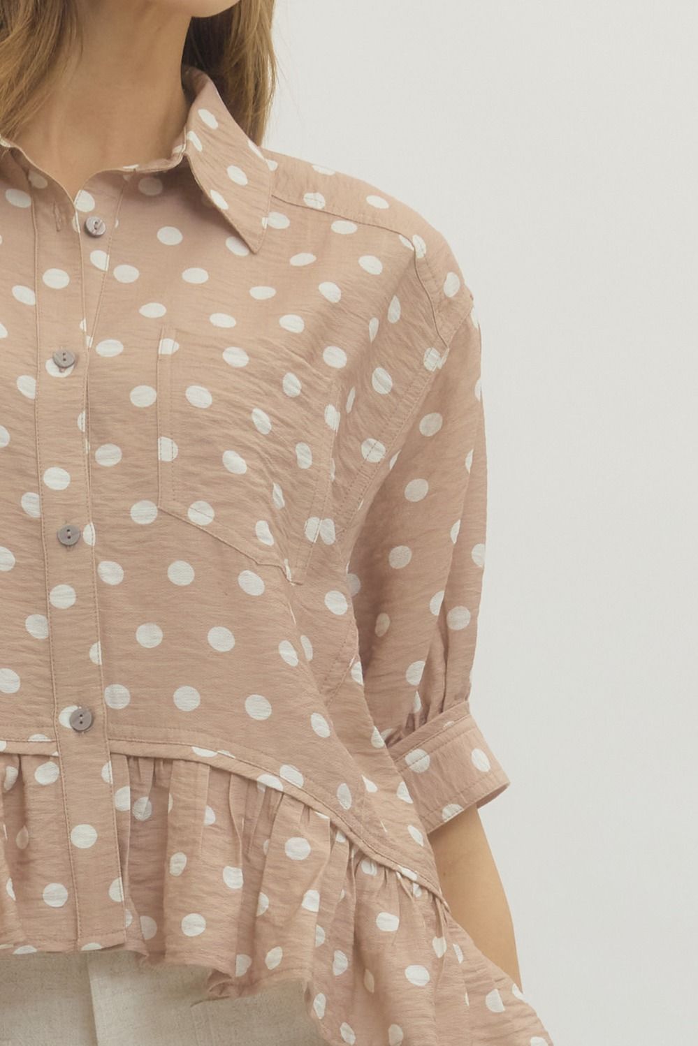 Taupe Polka Dot Ruffle Top