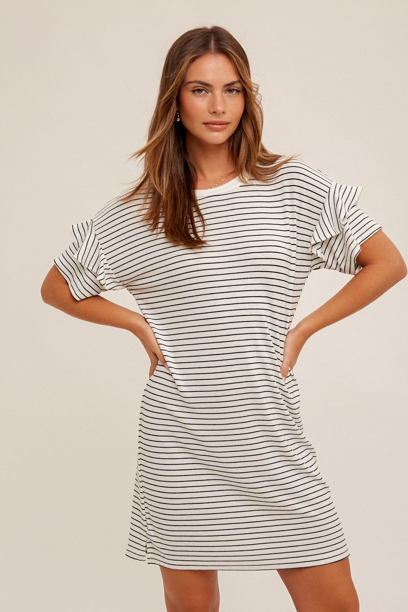 STRIPE RUFFLE DETAIL SHORT SLEEVE T-SHIRT DRESS