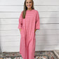Strawberry Pink Striped 3/4 Sleeve Round Hem Shift T Shirt Dress