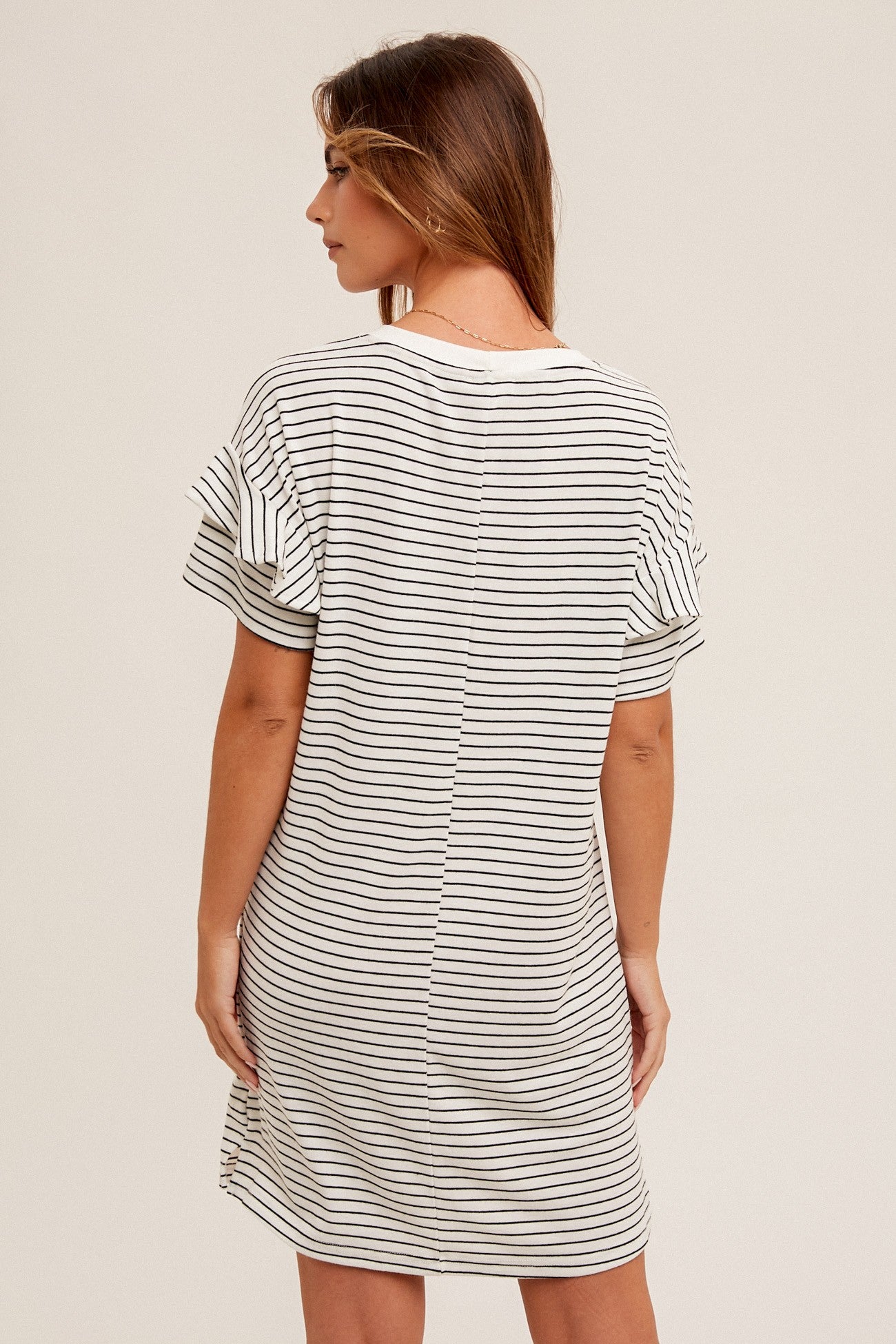 STRIPE RUFFLE DETAIL SHORT SLEEVE T-SHIRT DRESS