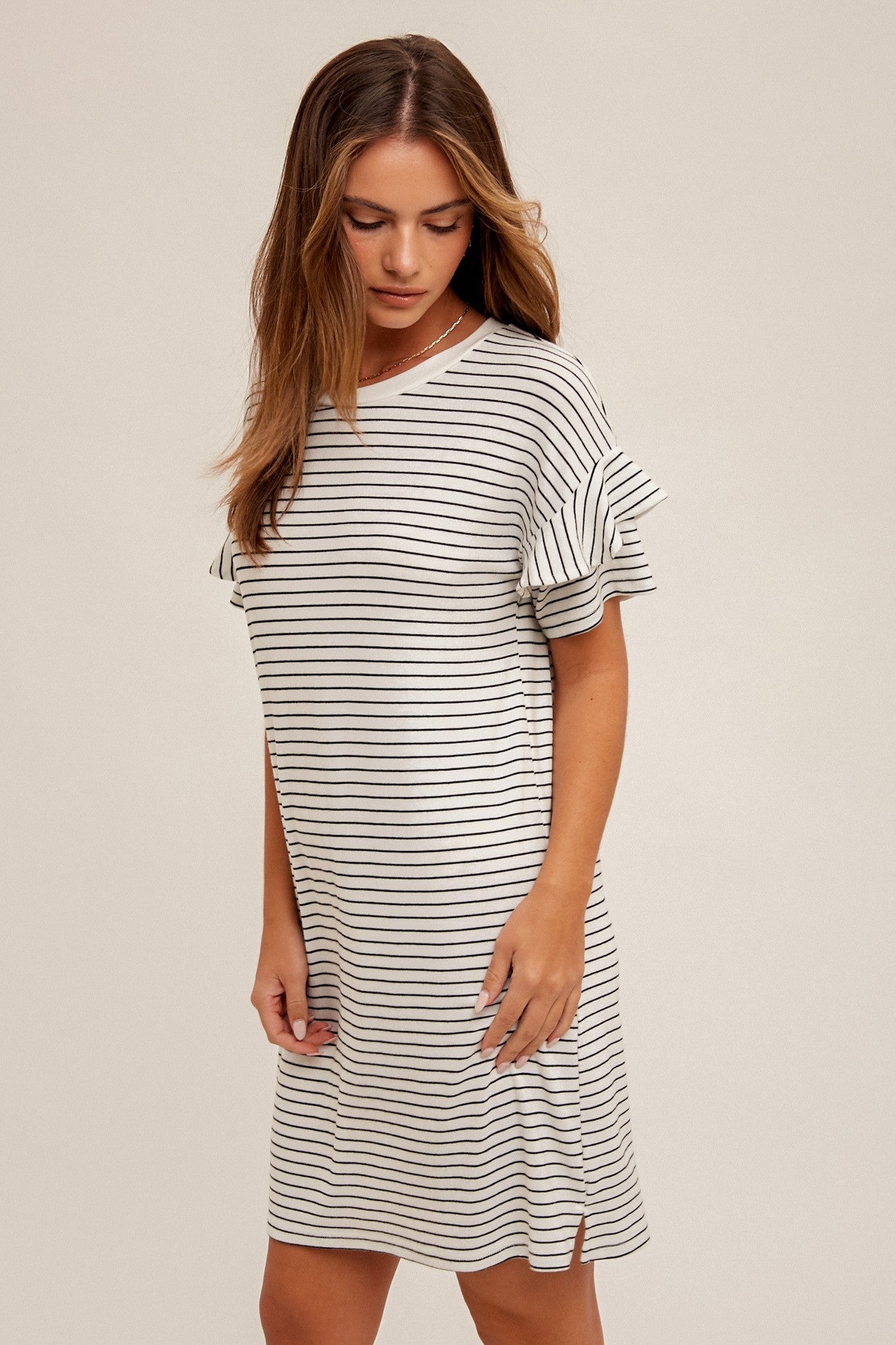 STRIPE RUFFLE DETAIL SHORT SLEEVE T-SHIRT DRESS