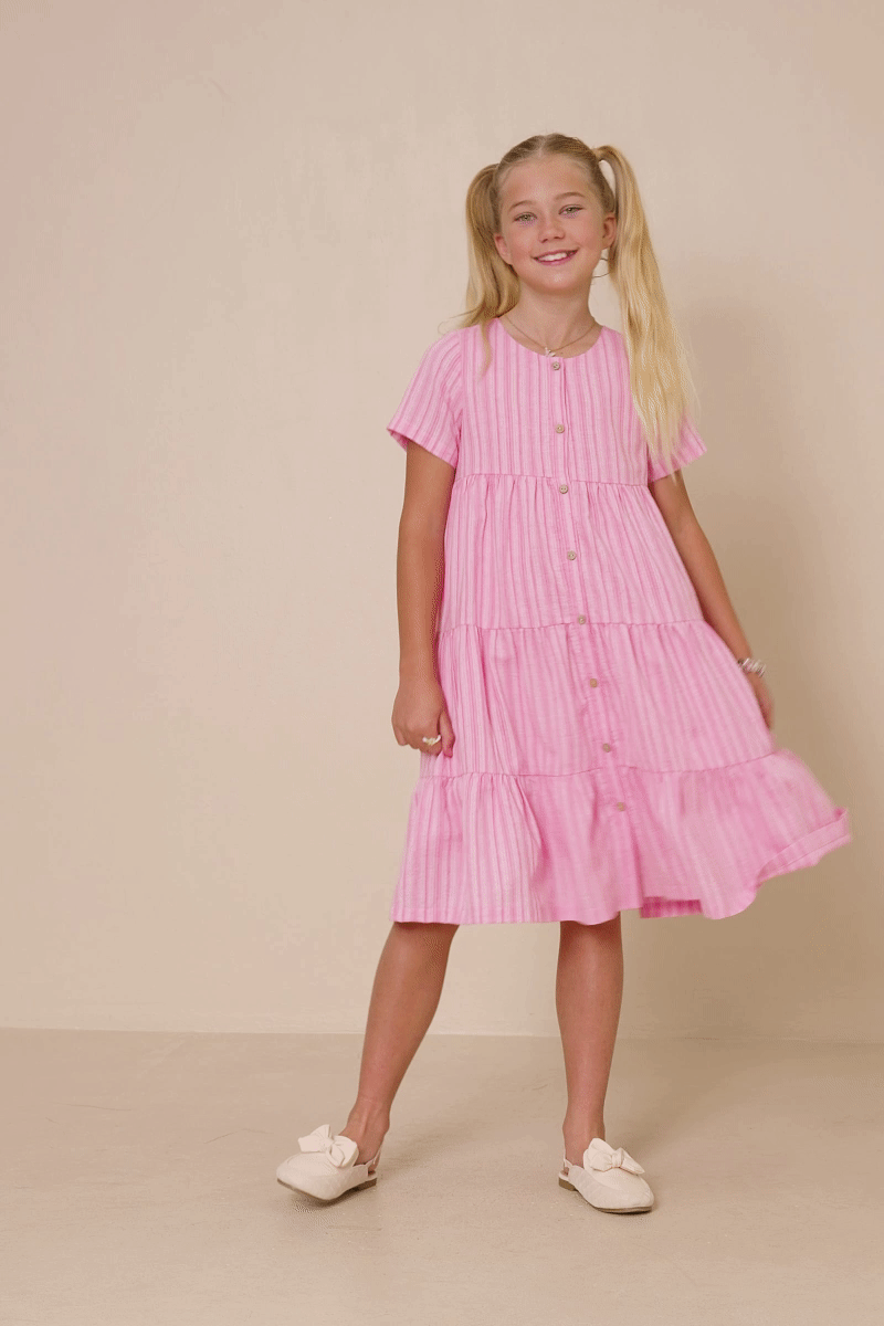 Girls Pink Striped Seersucker Dress