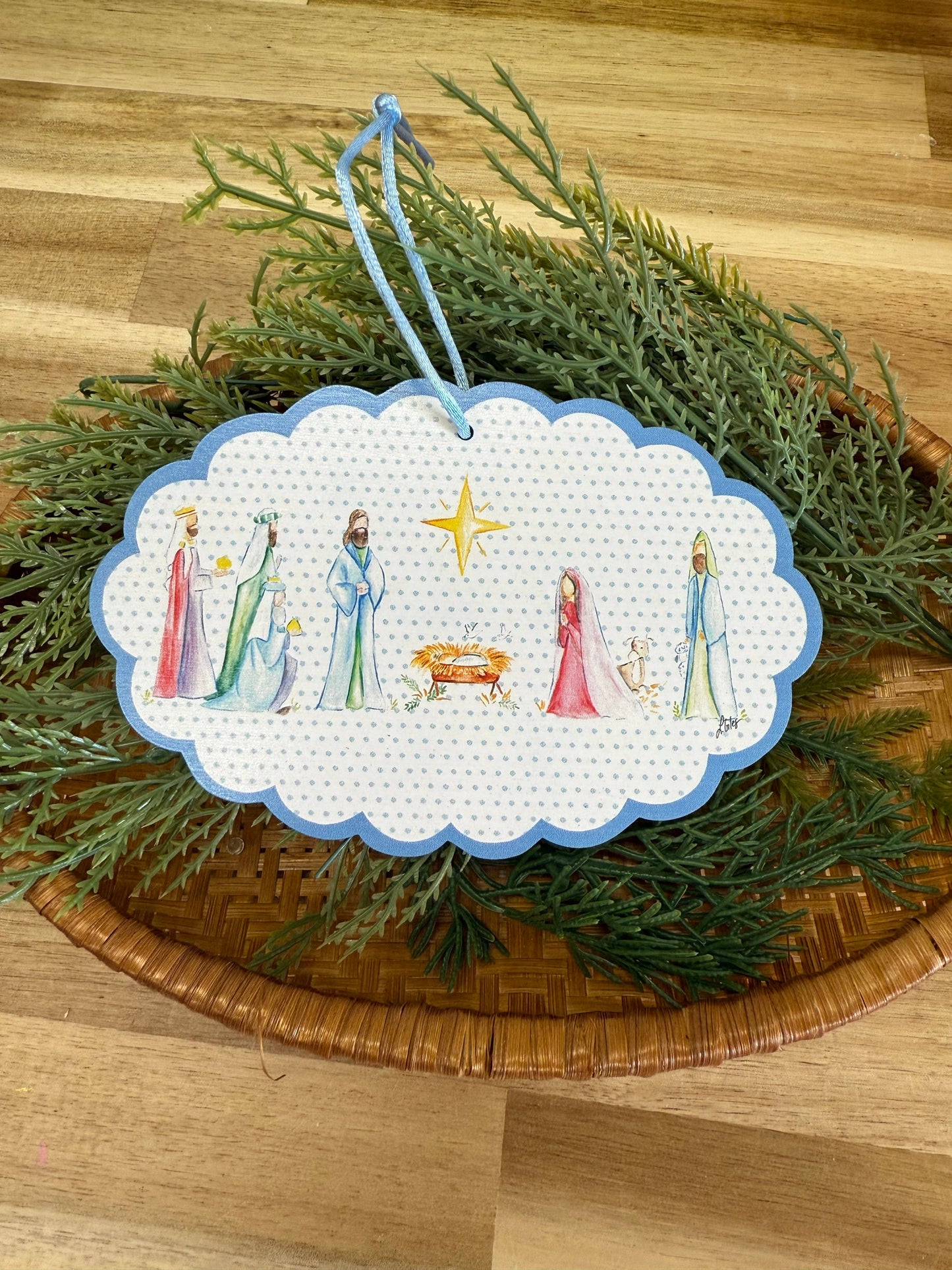 Watercolor Nativity Wood Ornament