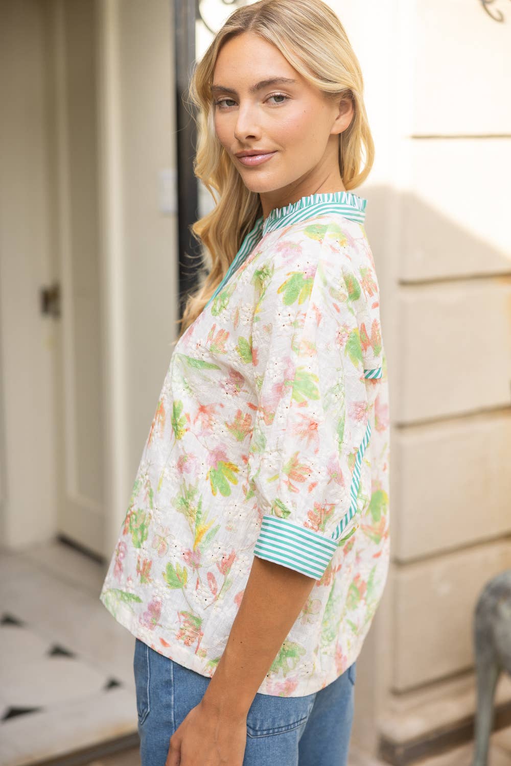 Contrast Button Down Floral Embroidered Top