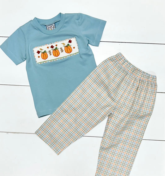 Three Sisters Pumpkin Smocked Boys Pant Set