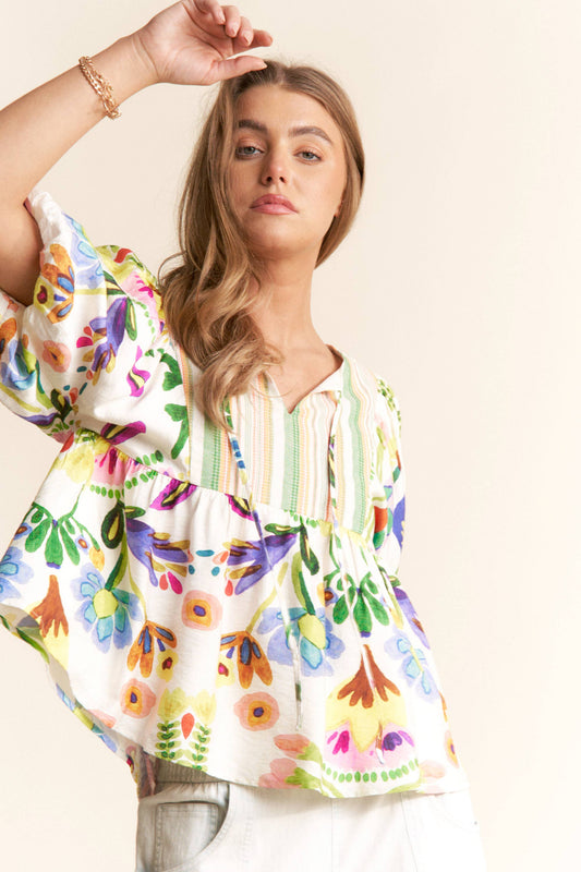 Floral Print Puff Sleeve Babydoll Top