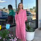 Strawberry Pink Striped 3/4 Sleeve Round Hem Shift T Shirt Dress