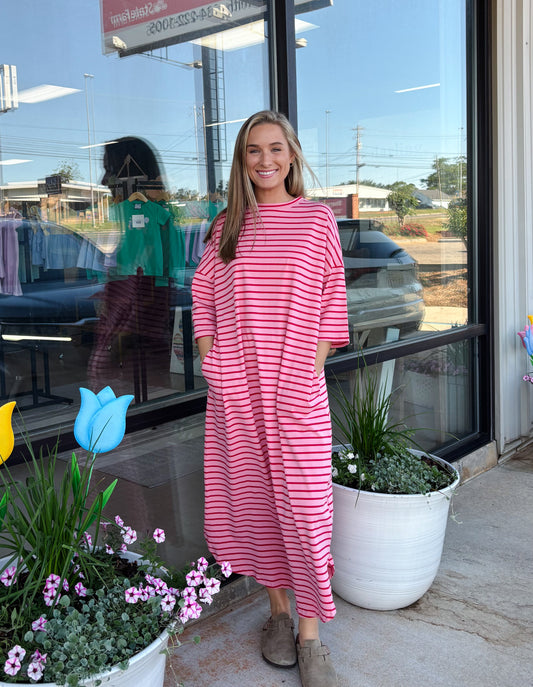 Strawberry Pink Striped 3/4 Sleeve Round Hem Shift T Shirt Dress