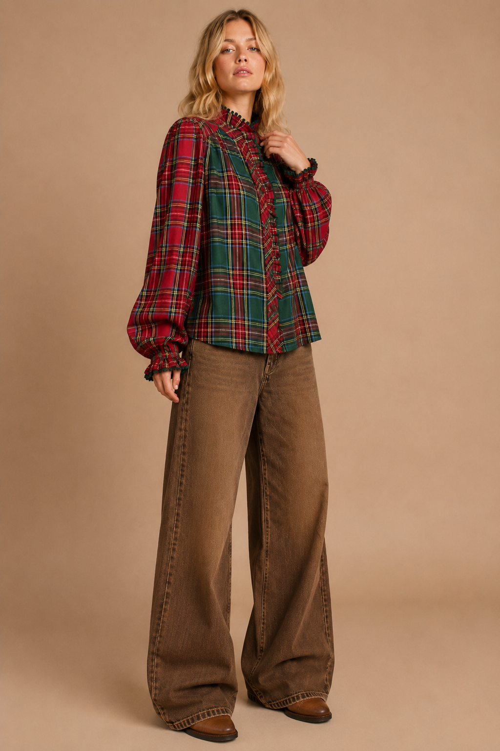 Mixed-Tartan Plaid Blouse