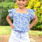 Summer Blues Top with Ruffle Sleeve and Tie-Front