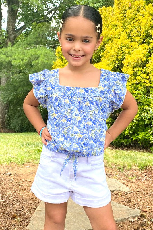 Summer Blues Top with Ruffle Sleeve and Tie-Front