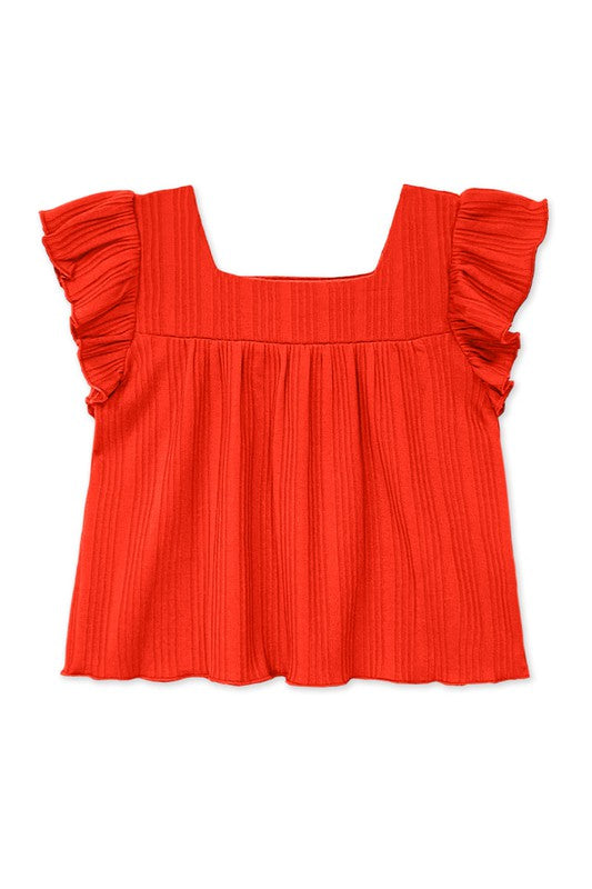 Girls Coral Square Neck Ribbed Top