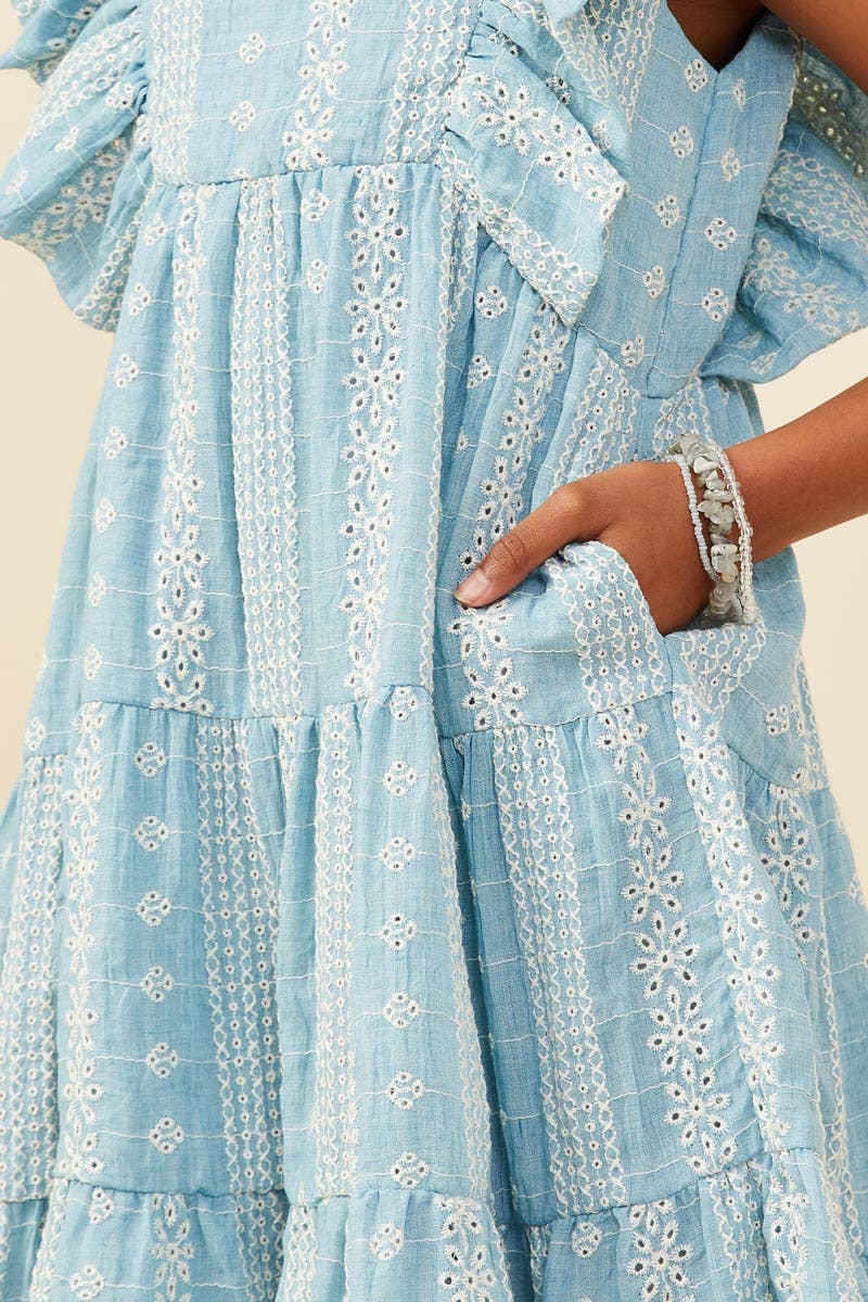Girls Blue Embroidered Lace Dress