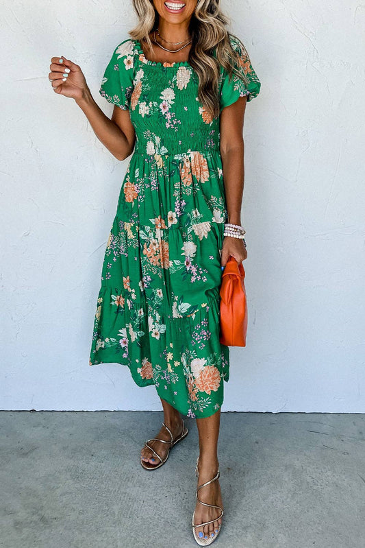 Emerald Moment Bubble Sleeve Smocked Tiered Midi Dress