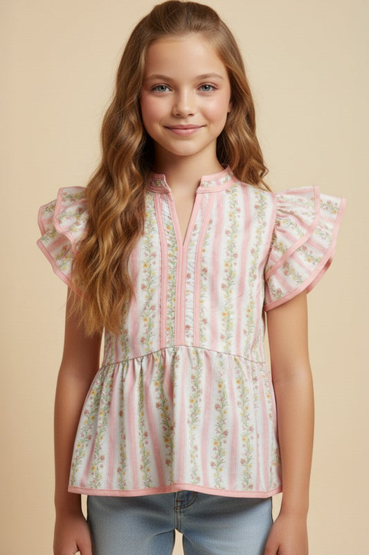 Hayden Girl Floral Striped Ruffle Top