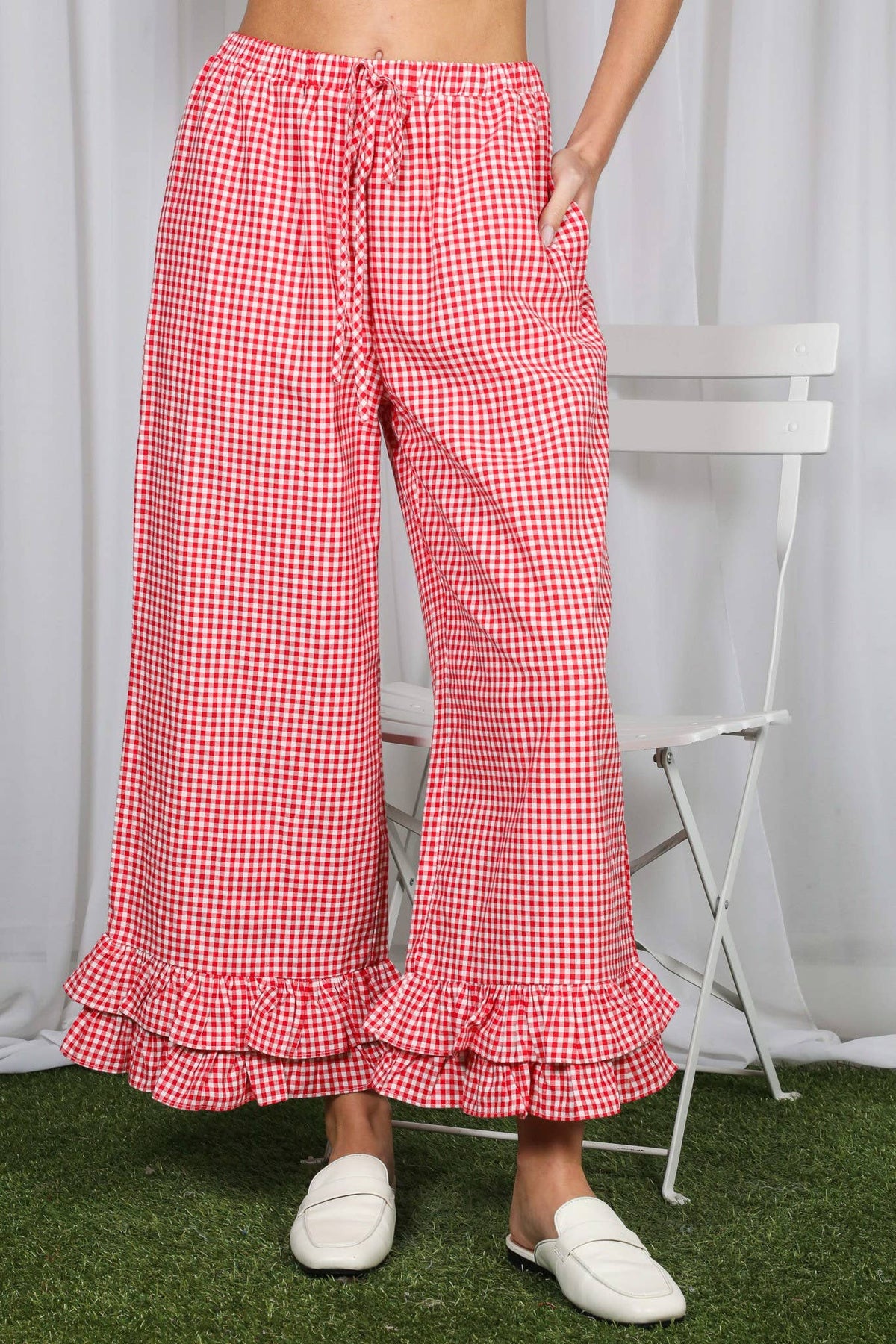 Gingham Ruffled  Cropped Pants