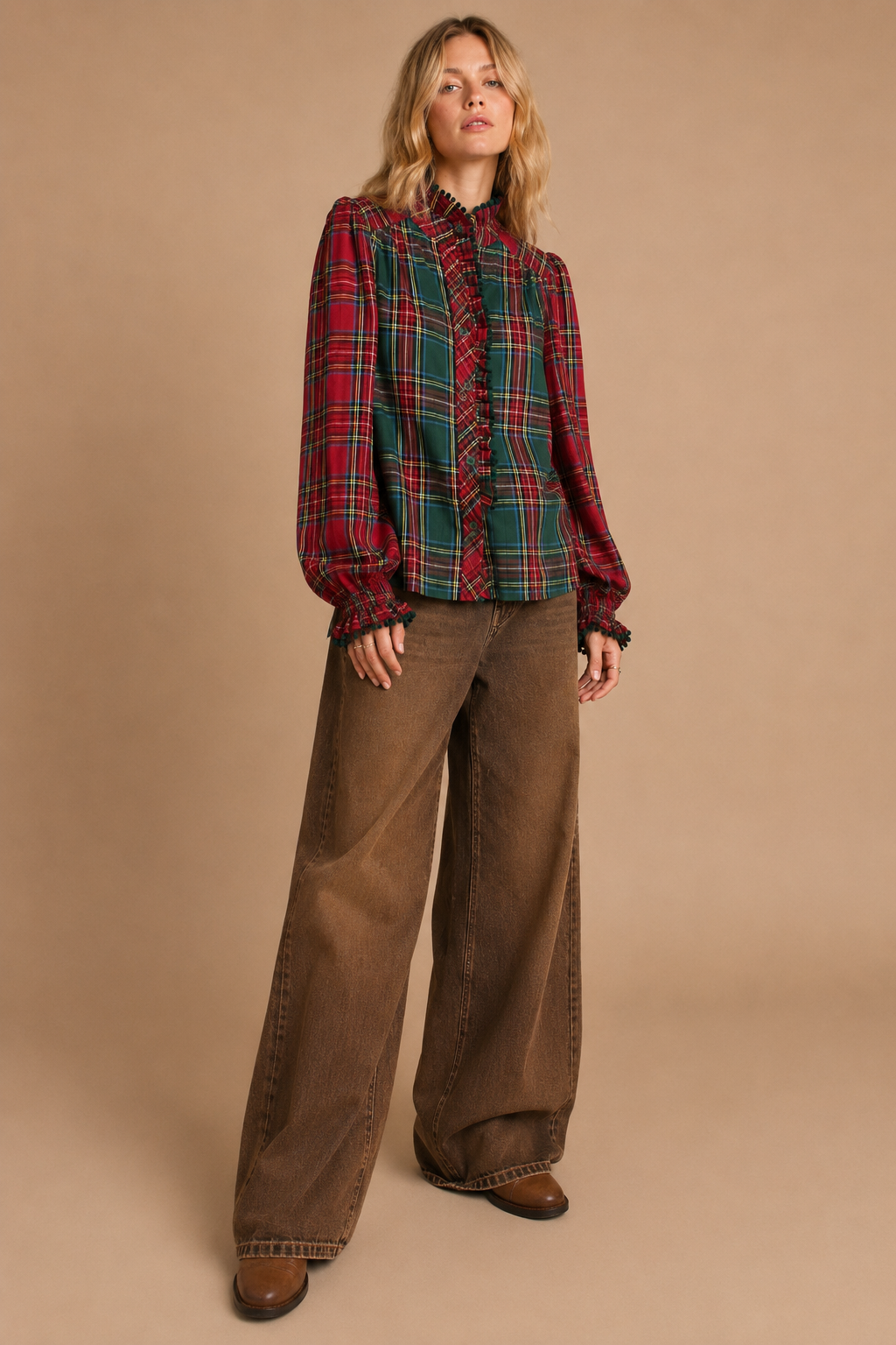 Mixed-Tartan Plaid Blouse