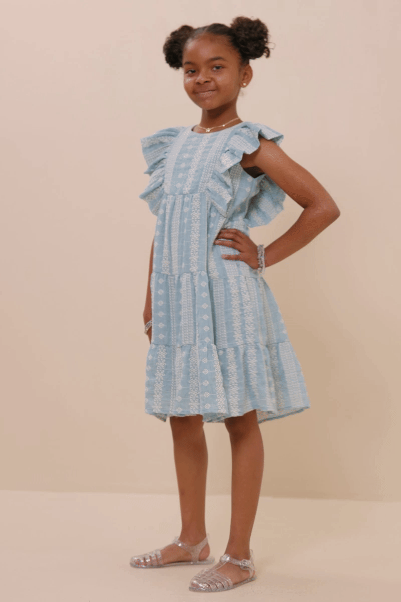 Girls Blue Embroidered Lace Dress