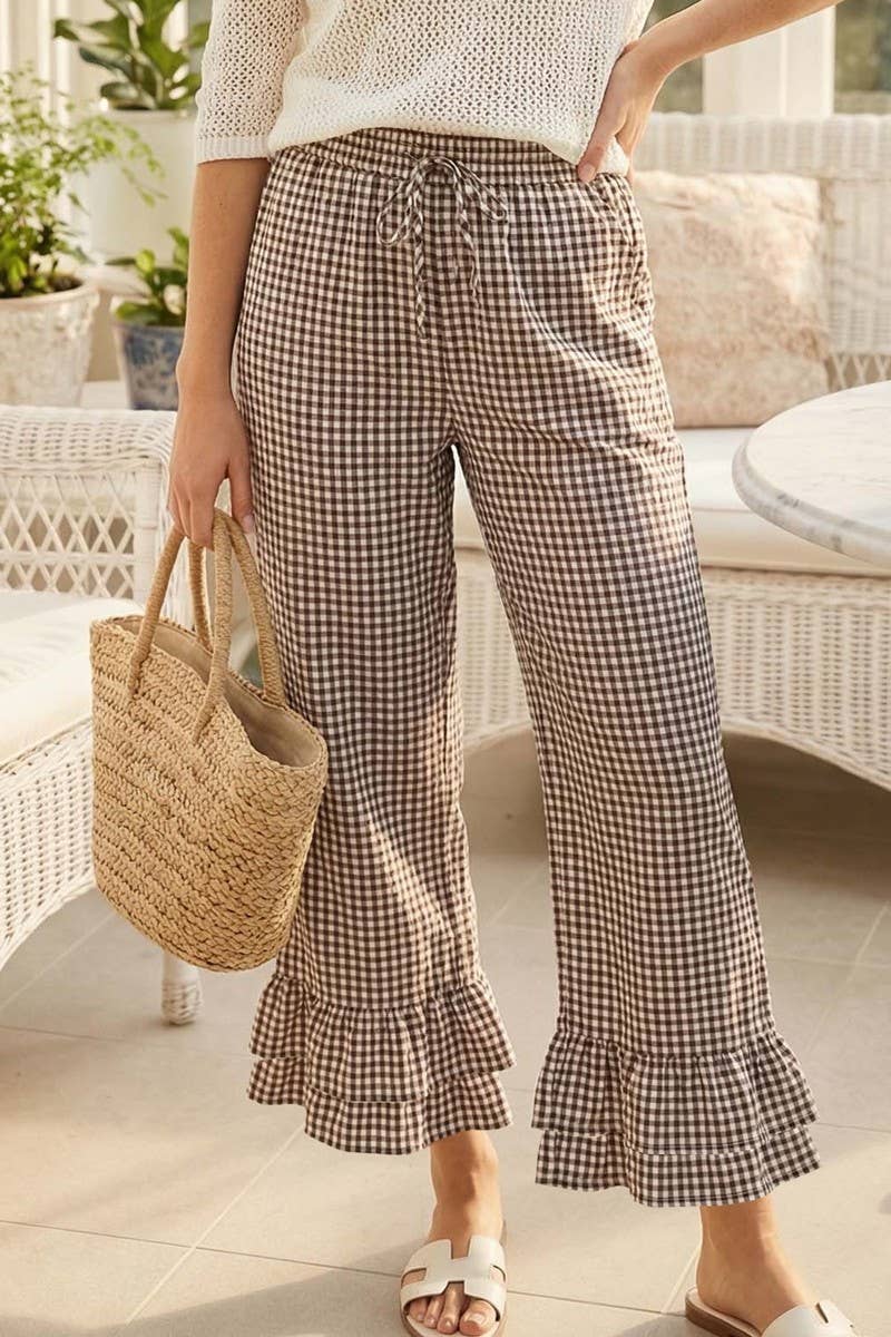 Gingham Ruffled  Cropped Pants