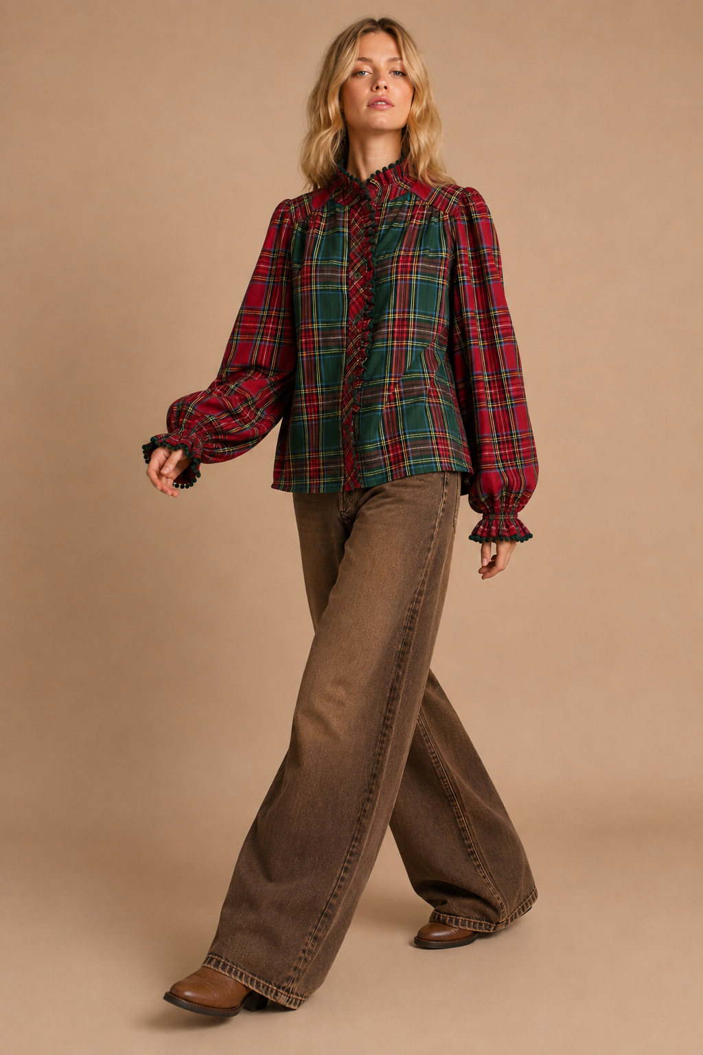 Mixed-Tartan Plaid Blouse