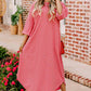 Strawberry Pink Striped 3/4 Sleeve Round Hem Shift T Shirt Dress