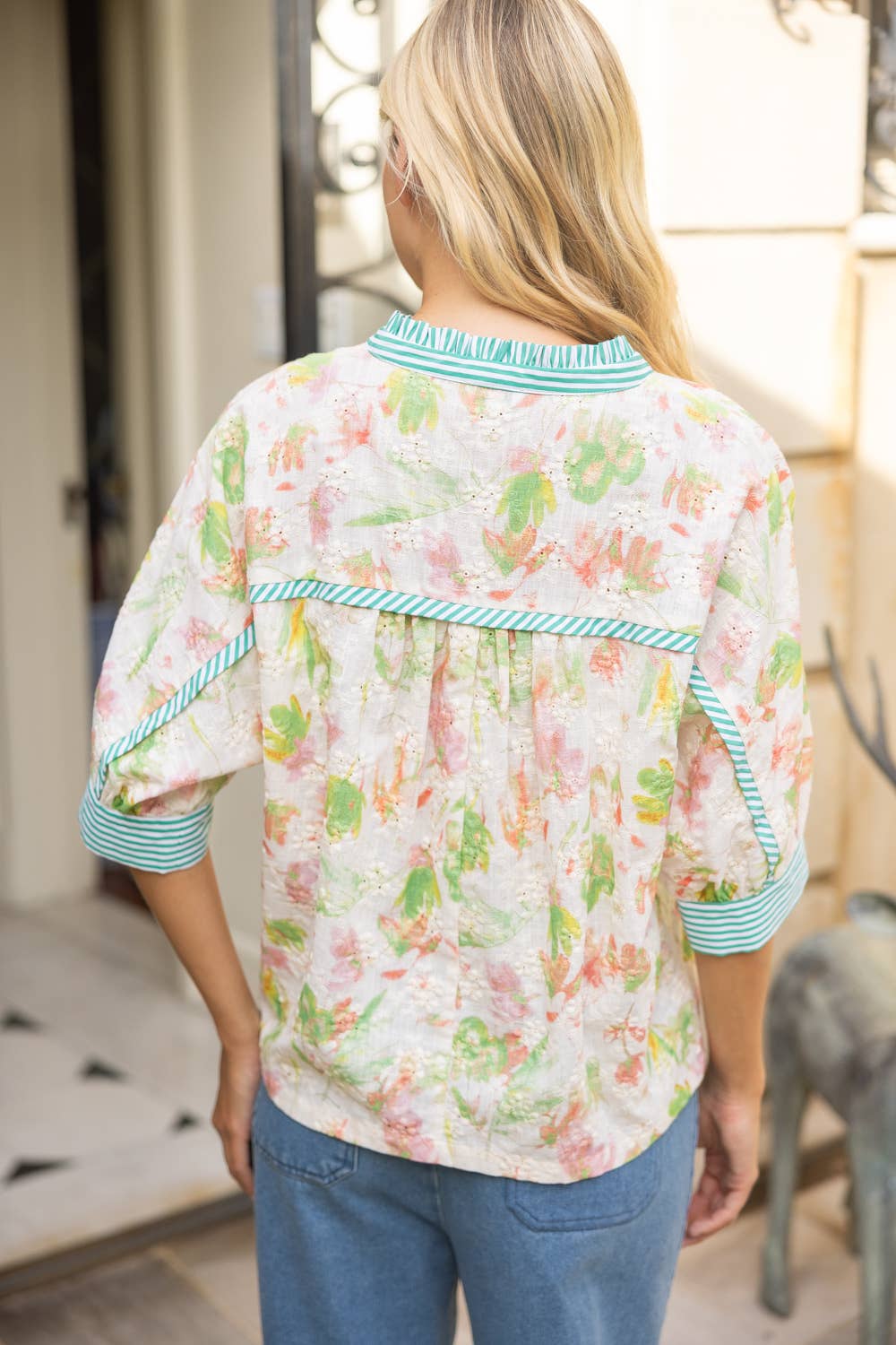 Contrast Button Down Floral Embroidered Top