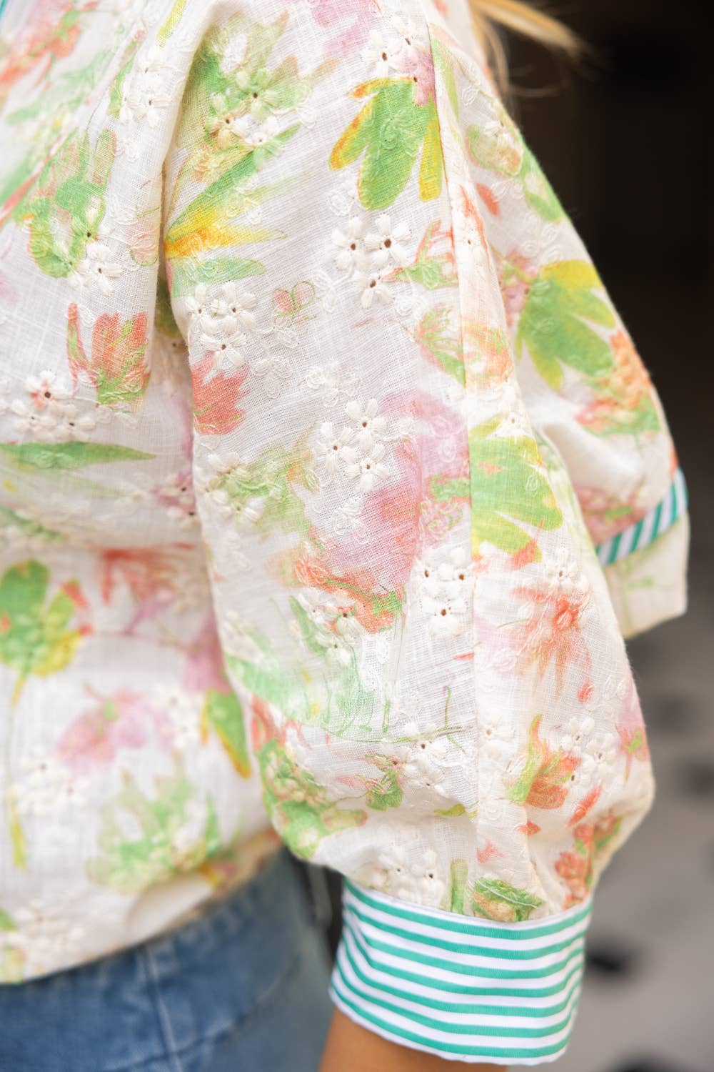 Contrast Button Down Floral Embroidered Top