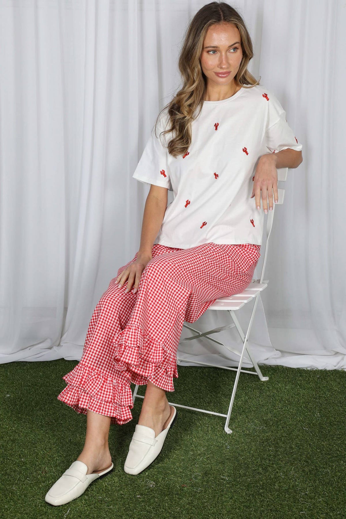 Gingham Ruffled  Cropped Pants