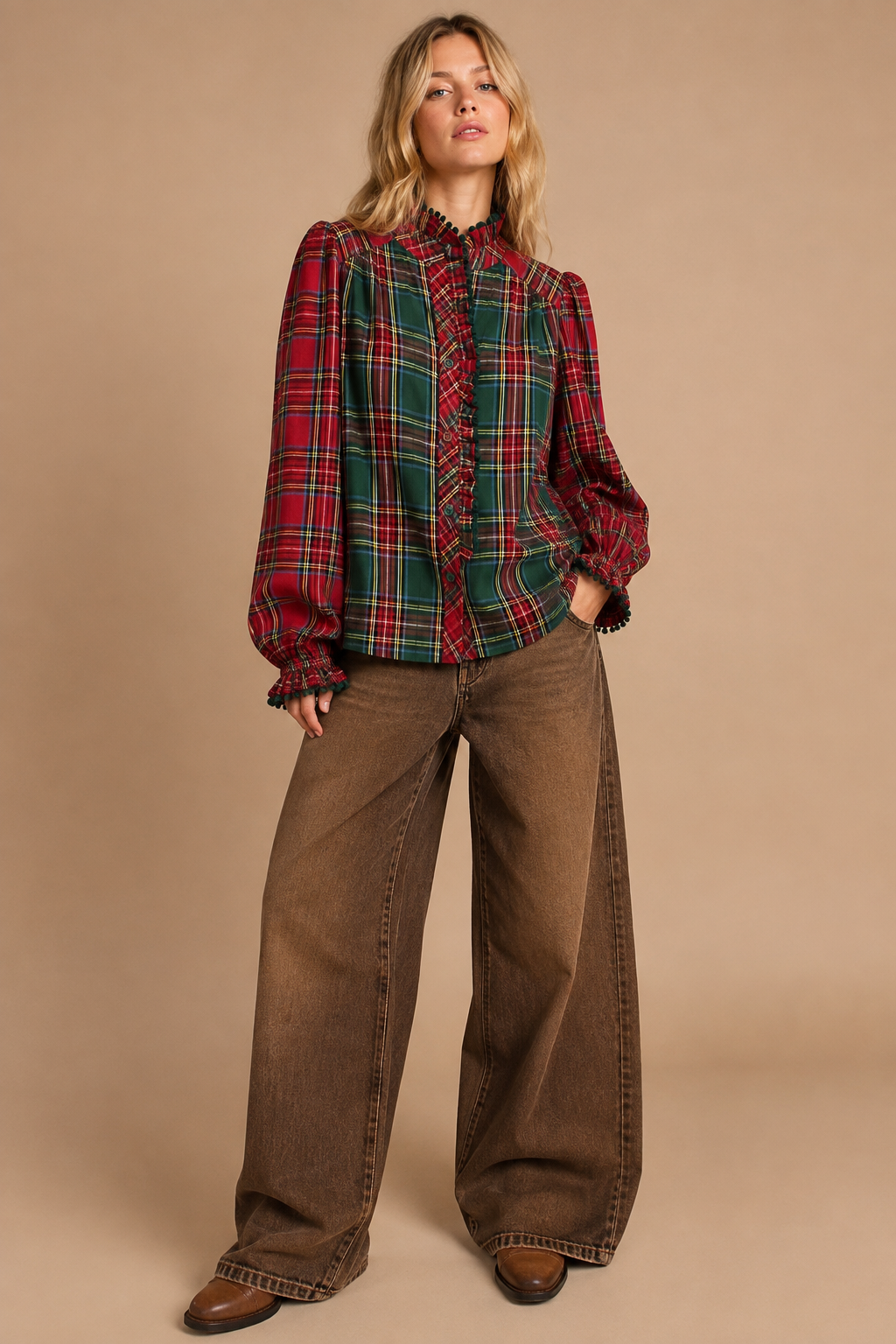 Mixed-Tartan Plaid Blouse