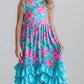 Kids Pink Blue Tropical 3 Ruffle Spring Summer Dress