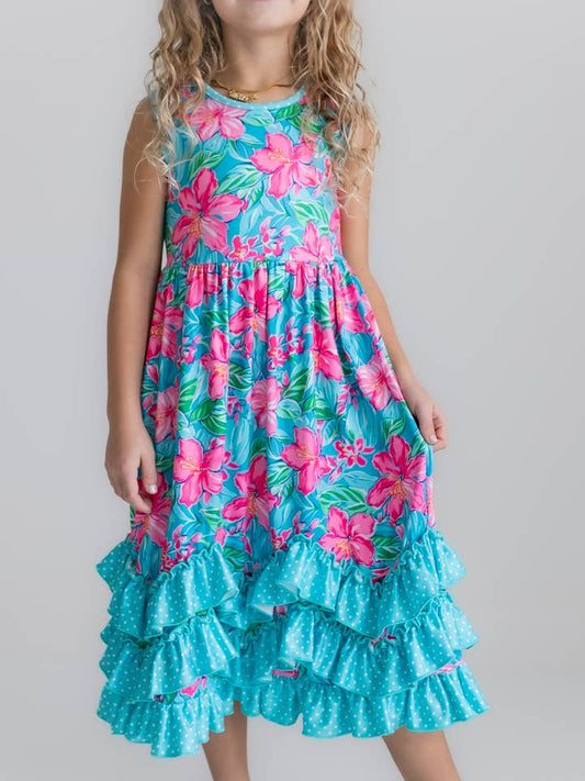 Kids Pink Blue Tropical 3 Ruffle Spring Summer Dress