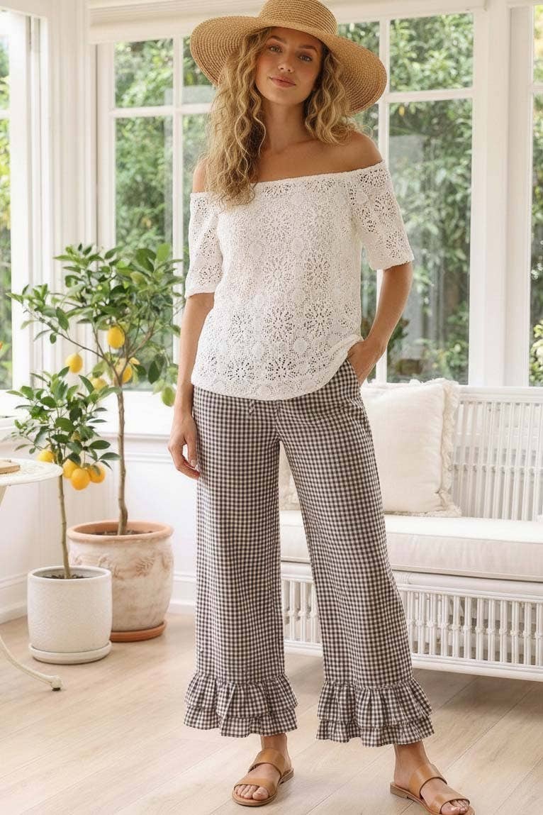 Gingham Ruffled  Cropped Pants