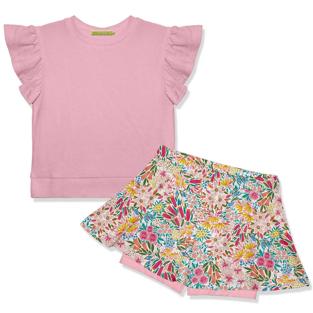 Girls Dusty Pink Fr Terry Top & Christie Flower Skort