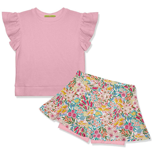 Girls Dusty Pink Fr Terry Top & Christie Flower Skort